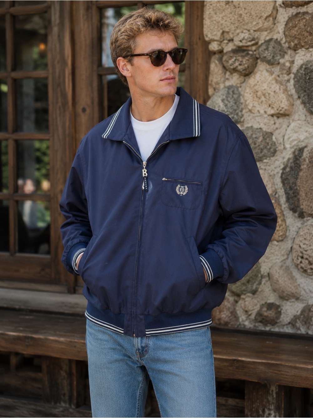 Vtg Bogner Goan Thylmann Full Zip Navy Blue Polyester Bomber Jacket Sz 40 Large